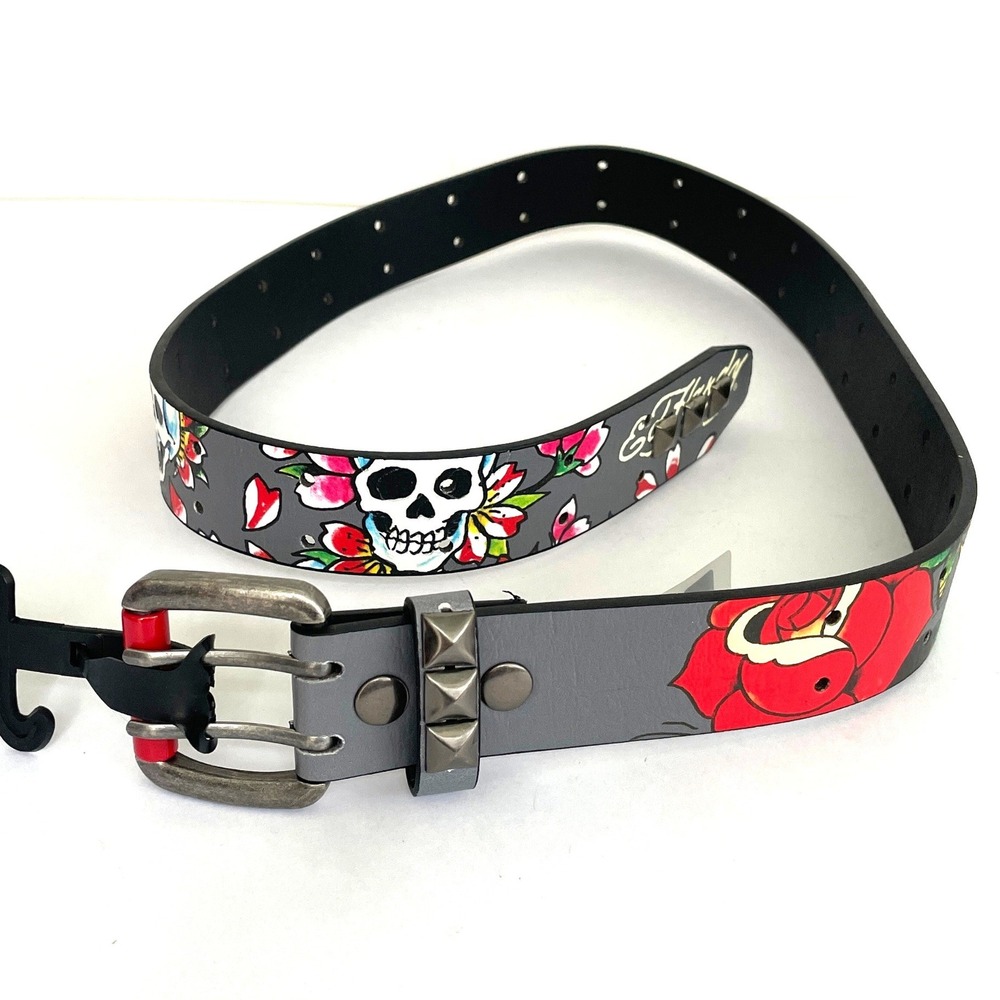 Ed Hardy Mens Tattoo Graphic Belt Skull Rose Grey Studded 36 VB97503EHQA